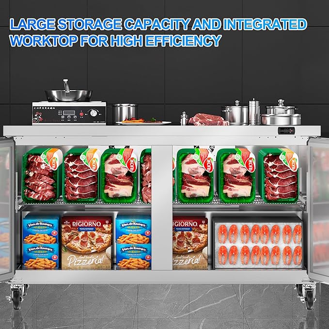60" W Commercial Undercounter Freezer, 14.1 Cu.ft 2 Door Worktop Under Counter Freezer, Stainless Steel Commercial Kitchen Freezing Equipment for Restaurant, Bar, Shop, etc.