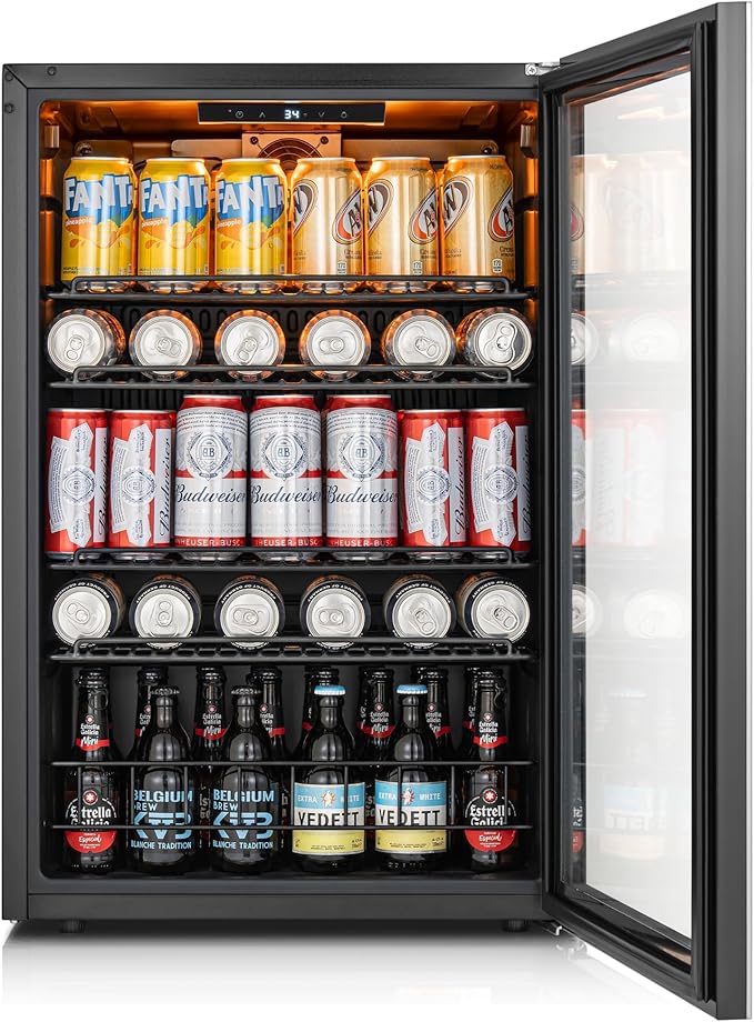 Ca'Lefort 155 Cans Beverage Cooler Mini Fridge, Beverage Refrigerator with Reversible Glass Door, Adjustable Shelves for Soda, Beer & Wine, Digital Temperature Control for Home, Office, Bar or Dorm