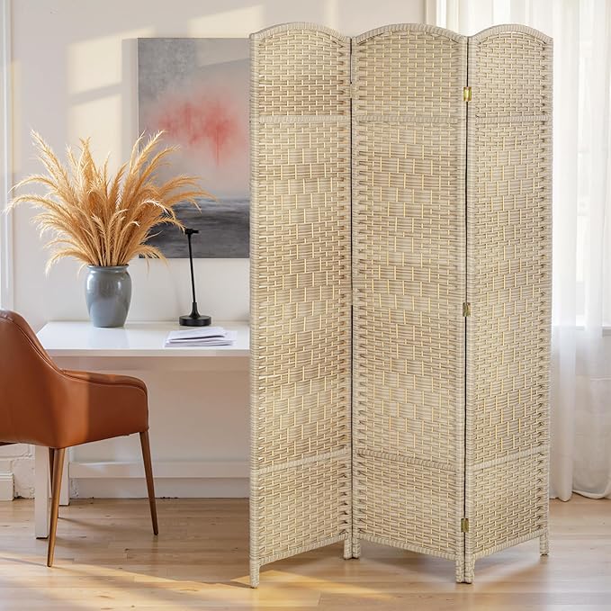 HOMCOM 3 Panel Room Divider, 6' Tall Folding Privacy Screen, Woven Freestanding Wall Partition for Home Office, Bedroom, Washed Oak