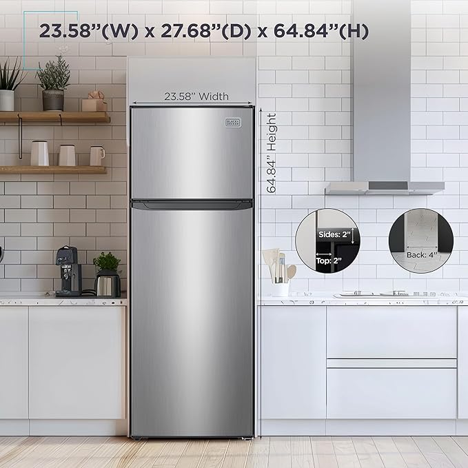BLACK+DECKER 12 Cu. Ft. Top Mount Refrigerator with Freezer, 2 Door Fridge with Top Freezer and Adjustable Temperature Control, For Homes and Apartments, BDA12GLAS, Stainless Steel Look