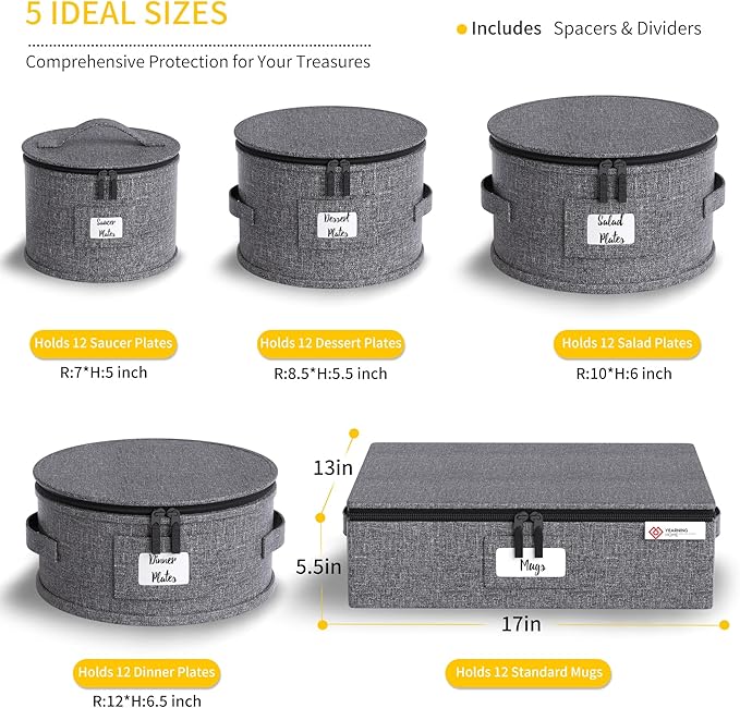 China Storage Containers Hard Shell Plate Storage Containers Box for moving Dishes, Dinnerware, Mugs, Glasses, Wine and Saucer Quilted and Stackable Organizer with Felt Plate Dividers 5 Piece Set Grey