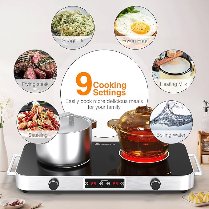 VBGK Cooktop,110V 2200W Stove with Knob Control,9 Power Levels, Kids Lock & Timer,LED touch control,Overheat Protection Stove Top,12 Inch desktop 2 burner cooktop