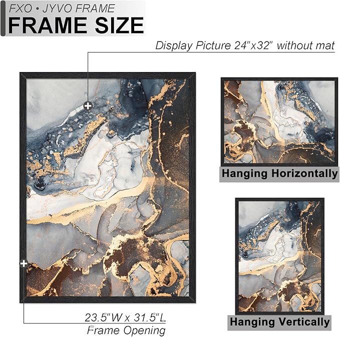 Engineered Wood 24 x 32 Frame Set of 2, Black Picture Frame for 24x32 Inch Poster Puzzle Photo, Light Weight 24by32 Poster Frame with Wood-grain for Wall - 2 Pack/Black/24 x32