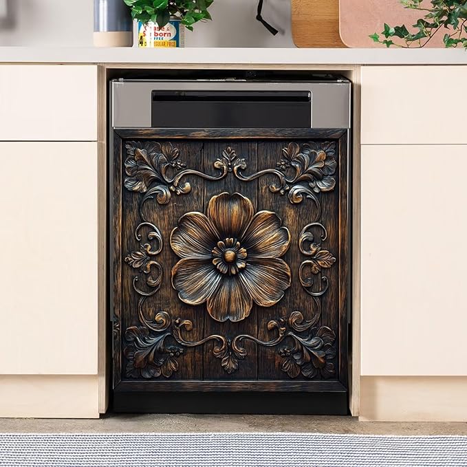 Vintage Wooden Floral Dishwasher Magnet Cover,Flower Carved Wood Magnetic Dishwasher Cover Vinyl Sticker,Rustic Wood Fridge Door Cover Magnets Art Skin Panel Decal,Home Decor Decal,23"X26"
