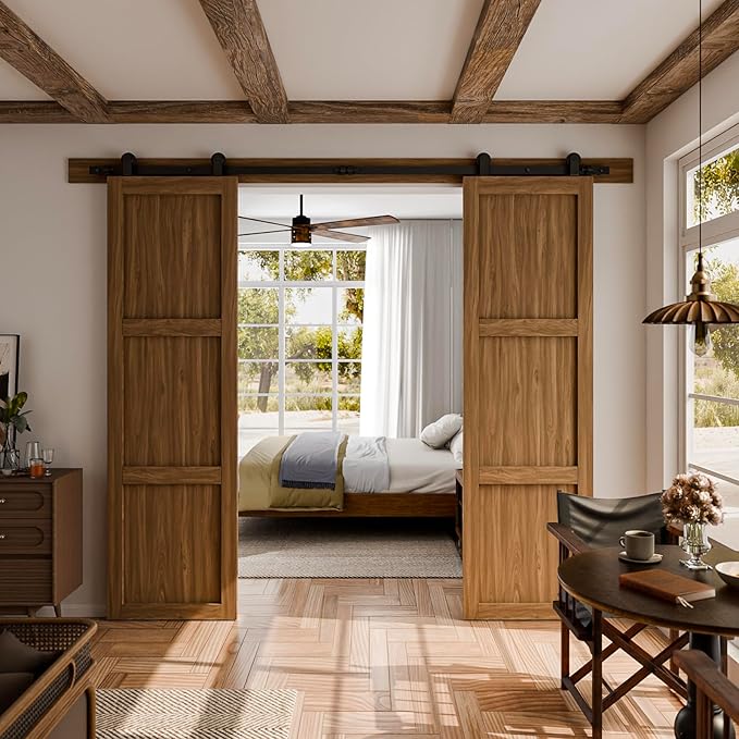 CCJH 11FT Sliding Barn Door Hardware Kit, Heavy Duty, Smoothly and Silently, Easy to Install, Fit 33" Width Double Door Panel, T-Shaped Style Black