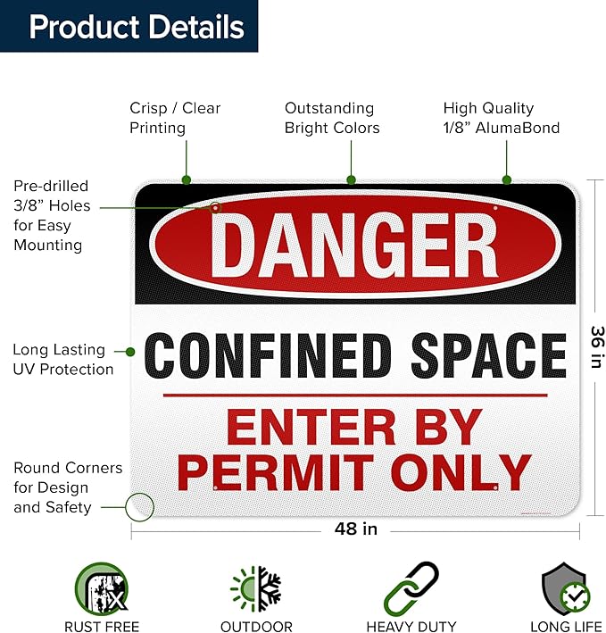 Danger Confined Space Enter By Permit Only Sign, 36x48 Inches, Reflective, Rust Free DiBound, Fade Resistant, Made in USA by My Sign Center