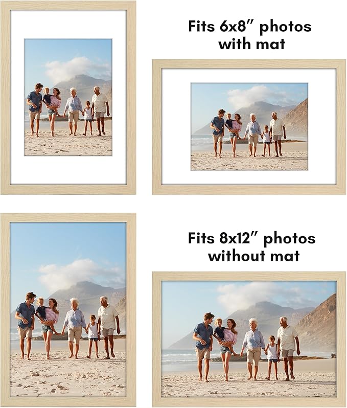 Americanflat 8x12 Picture Frame with Polished Plexiglass - Set of 5 - Use as 6x8 Frame with Mat or Display 8x12 Photo Without Mat - Galleria Collection - Picture Frames for Wall Display - Natural Oak