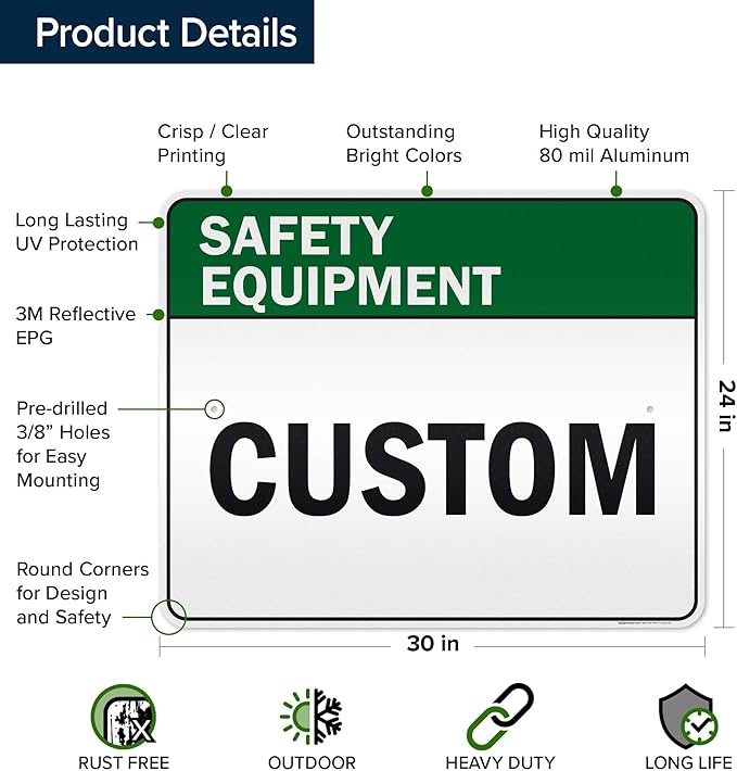 Custom Safety Equipment Sign, Ansi Sign, Osha Compliant, 24x30 Inches, 3M EGP Reflective, Rust Free .080 Aluminum, Fade Resistant, Made in USA by My Sign Center