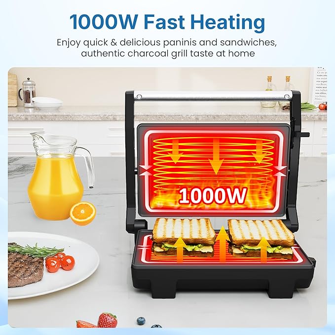 Panini Press Grill Indoor: Sandwich Maker with Nonstick Plates, Easy to Clean, 1000W Portable Panini Maker with Locking Lid, 3-in-1 Electric Grill Opens 180° for Cooking More