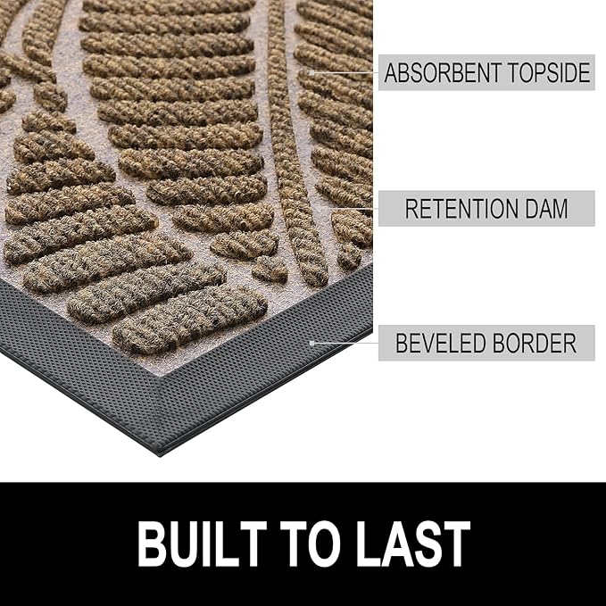 Colorxy Waterproof Doormat, Sturdy Natural Rubber Front Indoor Mat, Non Slip Low Profile Indoor Outdoor Door Mats, Stain and Fade Resistant Floor Mat, Easy Clean Patio Entrance Mat, 59''x36'', Brown