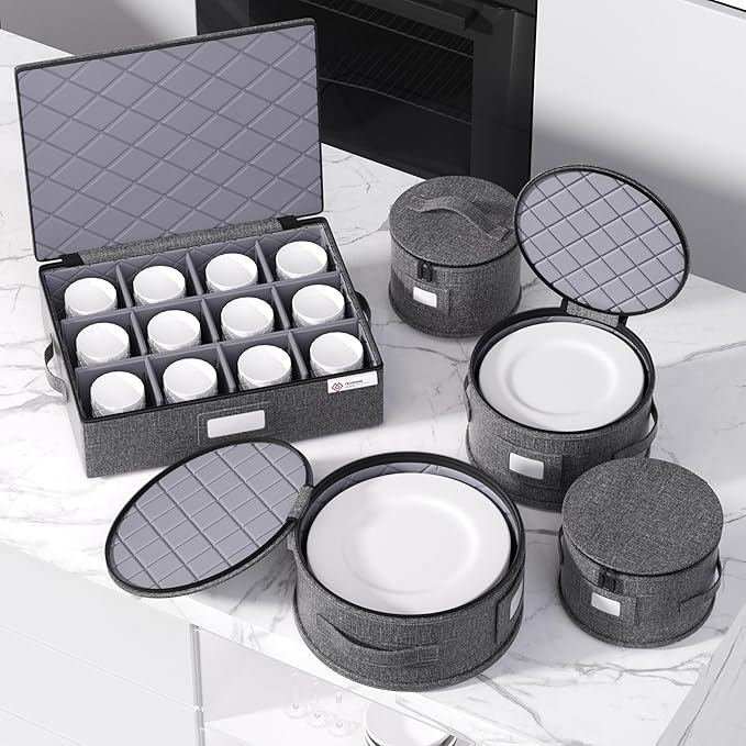 China Storage Containers Hard Shell Plate Storage Containers Box for moving Dishes, Dinnerware, Mugs, Glasses, Wine and Saucer Quilted and Stackable Organizer with Felt Plate Dividers 5 Piece Set Grey