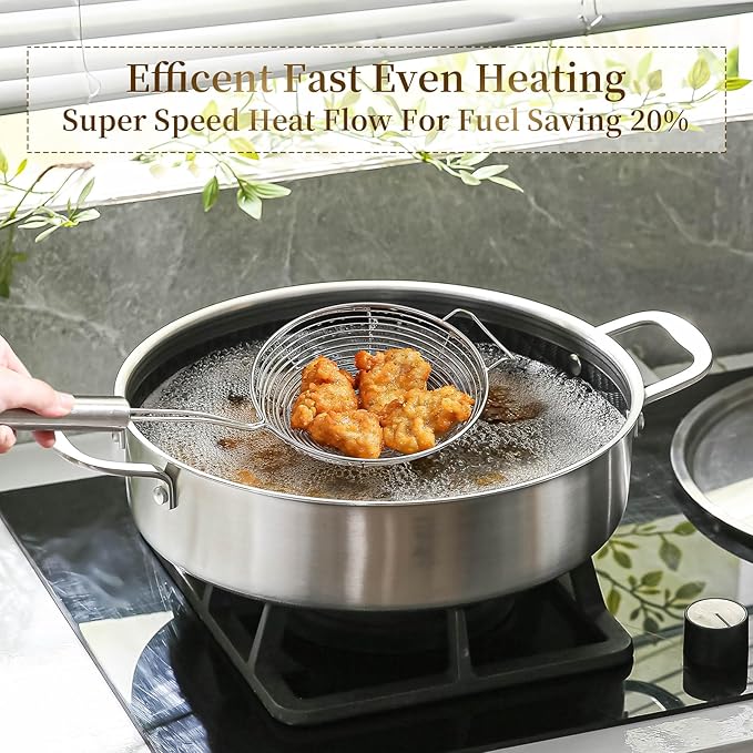 DELARLO 7Quart Tri-Ply Stainless Steel Non Stick Braiser Pan with Lid,Deep Frying Pan,Large Induction Skillet,Jumbo Cooker,Heavy Duty and Oven Safe.Large Saute Pan,Dishwasher and Oven Safe to 550℉