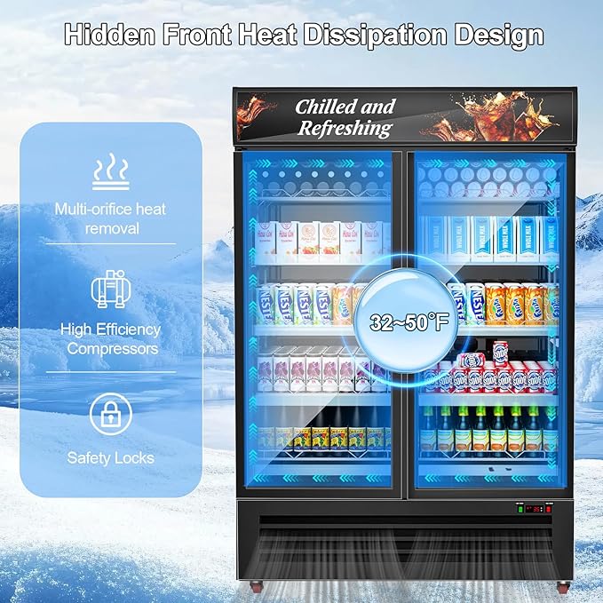 Tylza Commercial Refrigerator, Double Glass Door Display Beverage Fridge, 26.49 Cu Ft Upright Beverage Cooler Merchandiser with Replaceable Advertising Light Board, Rebound Door, Fast Cooling, Black