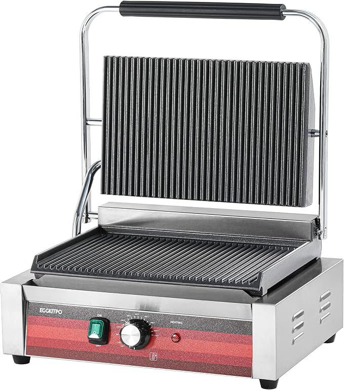 EGGKITPO Commercial Panini Press Grill with Grooved Plates Electric Sandwich Maker with Adjustable Temp Control 110V 1700W 14"×9.5" Ribbed Enamel Plates for Breakfast and Hamburger in Home Kitchen