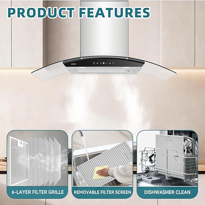 36 Inch Wall Mount Range Hood 700 CFM Ducted Vent Hood, Tempered Glass & Stainless Steel Filters - Gesture Sensing & Touch Control, 3-Speed, 2 LED Lights (Black Panel)