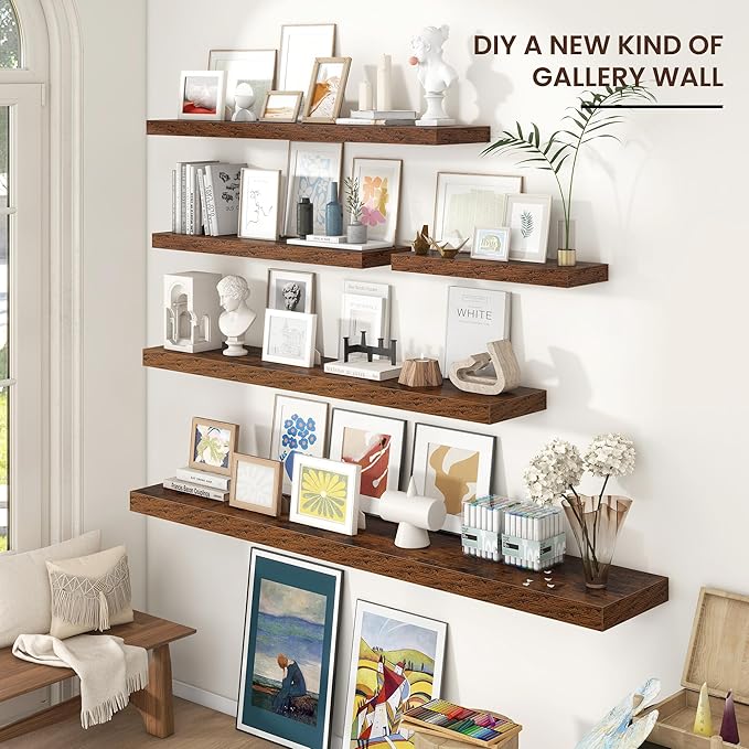 Floating Shelves for Wall 55"W x 10"D x 1.5"H, Engineered Wood Wall Shelves with Invisible Brackets for Living Room Bedroom Bathroom Office Kitchen Decor and Storage, Rustic Brown Finish, Set of 1