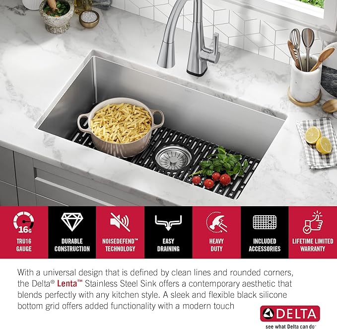 DELTA FAUCET Delta Lenta 32-inch Undermount 16 Gauge Stainless Steel Single Bowl Kitchen Sink with Accessories, 953034-32S-SS, Satin