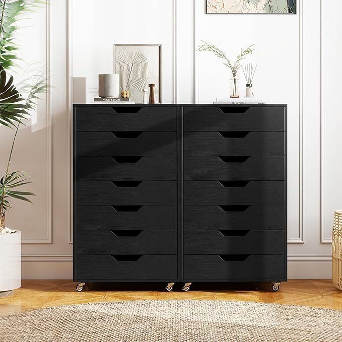 7 Drawer File Cabinet, Mobile Filing Cabinet w/Universal Wheels, Wood Printer Stand with Storage, Rolling File Cabinets for Home Office, Living Room, Bedroom (Black, 7 Drawers)