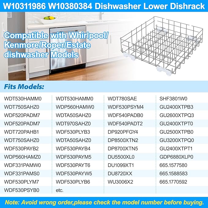 UPGRADED W10311986 W10380384 Dishwasher Lower Rack Assembly for Whirlpool Kenmore Dishwasher Rack Replacement Parts,W10311986 W11158802 Whirlpool Dishwasher Bottom Rack with Wheel Dishrack