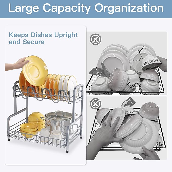 2 Tier Gray Large Capacity Dish Drainers Drying Rack for Kitchen Counter, Metal Stainless Steel Rust Proof Plate Strainers Holder On Countertop with Drainboard Tray, Space Saving, Aesthetic Modern