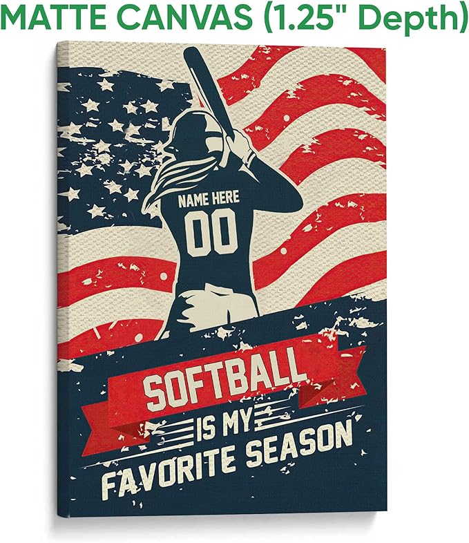 Personalized Softball Poster & Framed Canvas, Softball Is My Favorite Season Home Office Decor, Custom Name Number Bedroom Living Room Aesthetic Wall Art Gift For Girl, Daughter