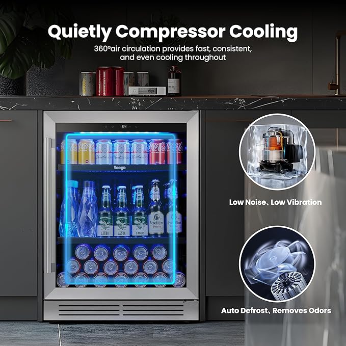 Yeego Beverage Refrigerator & Drink Fridge - 24 inch 180 Cans Beer Cooler Glass Door, 34-54℉ Under Counter Refrigerator Built-in for Drink Soda Wine for Bar Office Bedroom