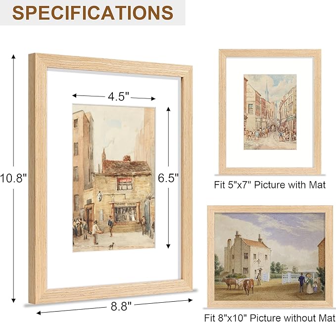 Vittanly 8x10 Picture Frame, Solid Wood Frame with Plexiglass, Includes 5x7 Mat, Wall Hanging or Tabletop for Home Decor, Natural, 1 Pack