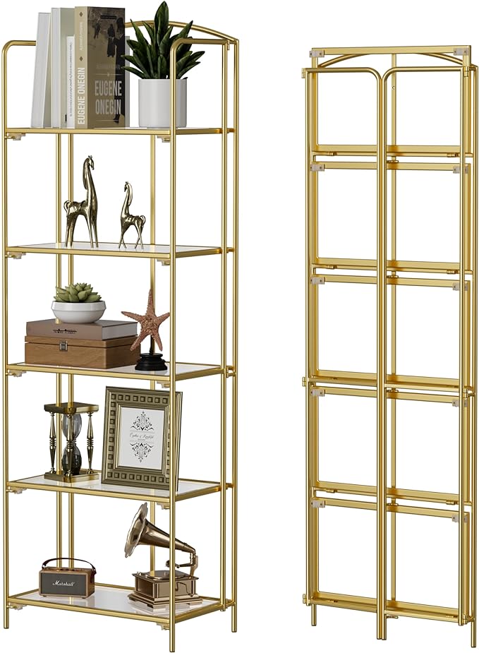 Crofy No Assembly Folding Bookshelf for Living Room, 5 Tier Gold Collapsible Book Shelf for Home Office, Portable Bookcase Storage Organizer