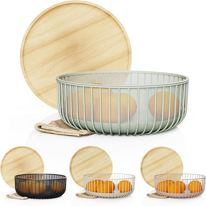 Metal Wire Mesh Fruit Baskets with Wooden Lid - Fly-Proof Indoor Solution for Fresh Fruits - Covered Fruit Bowl - Produce Cover Against Flies for Banana, Tomato and Vegetables - Green