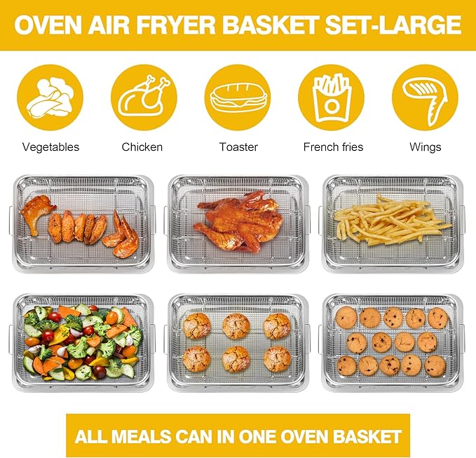 Air Fryer Basket for Oven 15 x 11 Inch Stainless Steel, Air Fryer Accessories Oven Rack and Crisper Tray, Bacon Cooker Broiler pan for oven, Bakeware Sets Oven Rack-2 Piece Large