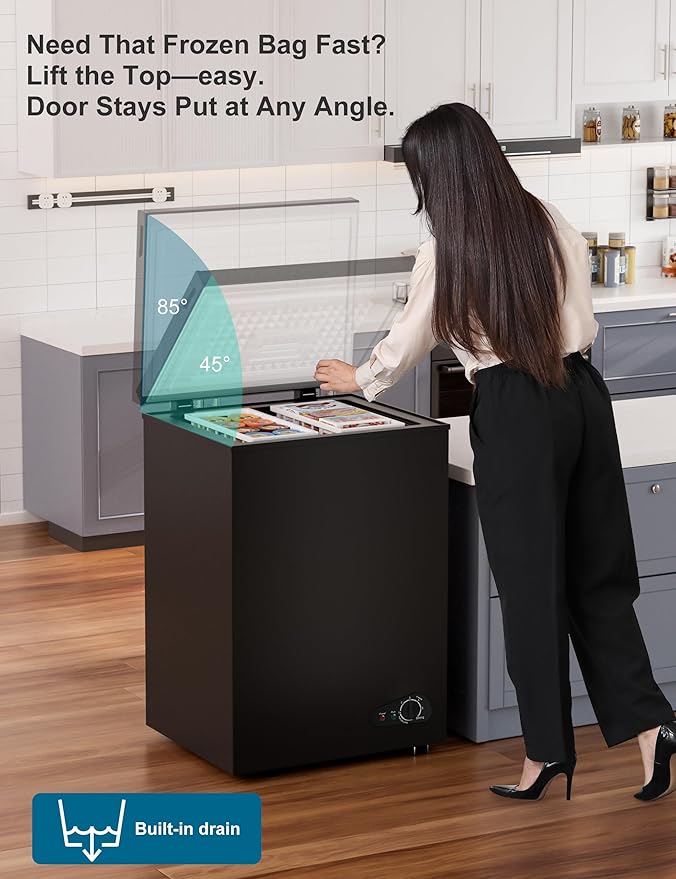 5.0 Cu.Ft Chest Deep Freezer with 2 Removable Baskets, Energy Efficient (0.41kWh/24H), <40dB Ultra-Quiet, 6 Temp Control, Manual Defrost, Free Standing Top Open Door for Home Garage Basement, Black