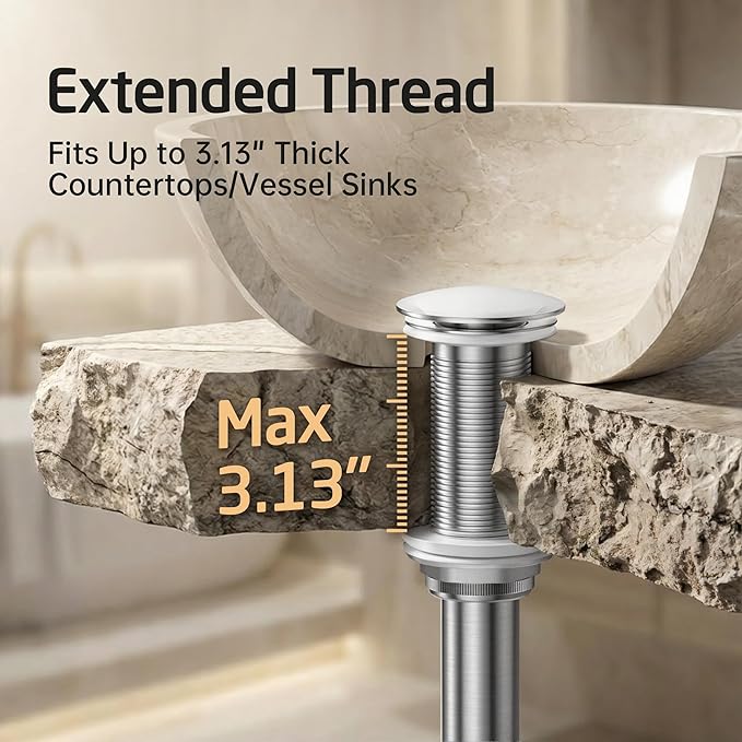 KES Extended Thread Bathroom Sink Drain, All Metal Pop Up Drain Stopper without Overflow for Thicker Vessel Sinks and Countertops, Brass and Stainless Steel Brushed Nickel, S2022D-BN