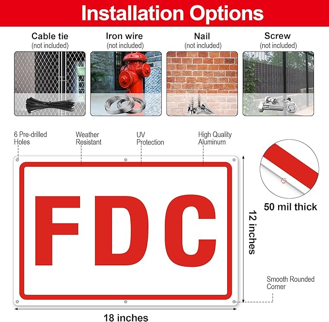 FDC Sign, 2 Pack Outdoor Aluminum Metal Sign, FDC Signs for Fire Department Connection, UV Protected Weather Resistant and Easy to Install (White Color, 18 x 12 inches)