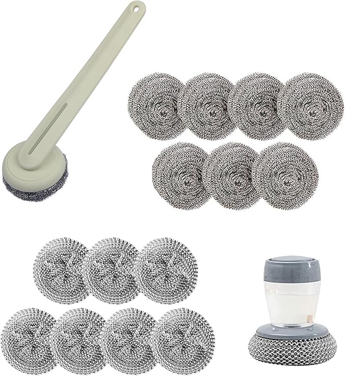 Stainless Steel Wool Brush Dish Scrubber with Handle Replacement Heads - Steel Scrubbing Scouring Pad Set of 16, Kitchen Cleaning Metal Dish Scrubber for Washing Dishes Grate Pot Pan Sink