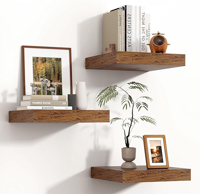 Square Floating Shelves for Wall 12"W x 12"D x 1.4"H, Engineered Wood Wall Shelves with Invisible Brackets for Living Room Bedroom Bathroom Office Kitchen Storage Decor, Rustic Brown Finish, Set of 3