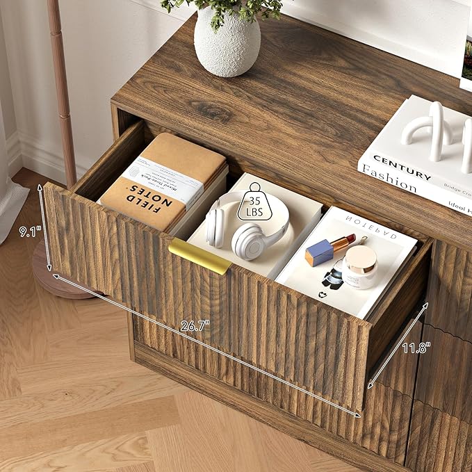 6 Drawers Fluted Dresser for Bedroom, 55" Wide Wooden Dresser with Deep Drawers, Large Floor Chest of Drawers, Modern Long TV Stand, Storage Cabinet Side Table, Walnut