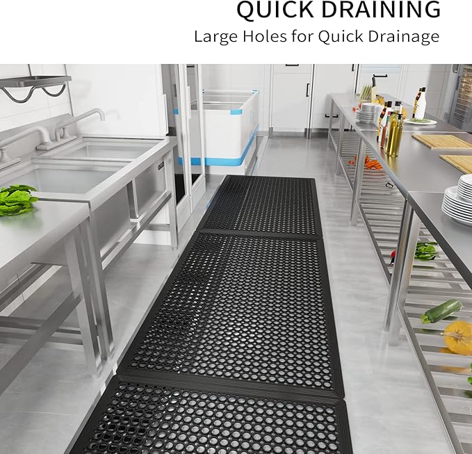 ROVSUN Rubber Floor Mat with Holes, 36''x 60'' Anti-Fatigue/Non-Slip Drainage Mat, for Industrial Kitchen Restaurant Bar Bathroom Utility Garage Pool Entry Door Mat, Indoor (36''x 60'' Black 2Pcs)