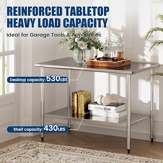 Stainless Steel Work Table 30 x 60 Inch with Adjustable Undershelf, Heavy-Duty Metal Prep Table for Commercial Kitchen & Restaurant, Garage, Outdoor