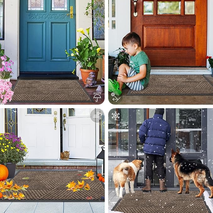 Smiry Front Door Mat Outside Entrance, Heavy Duty Sturdy Natural Rubber Doormat, Trap Dirt and Moisture, Easy Clean Low Profile Mats for Indoor Outdoor Entry, Irregular Triangle (33x21, Brown)