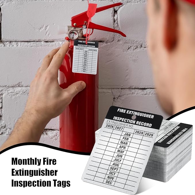 Moxweyeni 100 Set Fire Extinguisher Tag Bulk 2026-2029 Monthly Aluminum Metal Fire Extinguisher Inspection Record Tags with Tamper Seals & Hole Puncher - Tear Proof Weatherproof for Indoor Outdoor