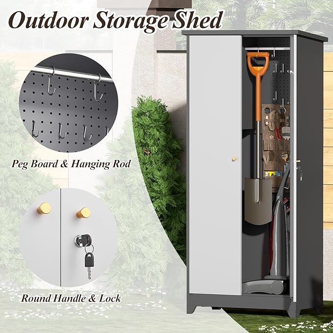 GREATMEET 72.8" Outdoor Broom Storage Cabinet, Metal Storage Cabinets for Cleaning Supplies with Slanted Roof, Waterproof Outdoor Slim Shed,Utility Closet for Broom Mop, Grey&White