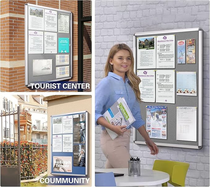SWANCROWN Lockable Felt Bulletin Indoor Display Case Big Message Center Board with Aluminium Frame,38x38 inches (12xA4)