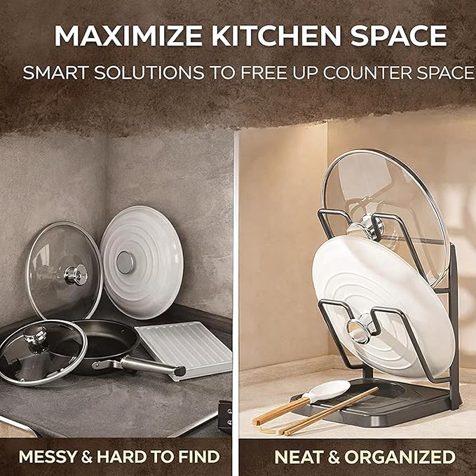 Kitchen Pot Lid Storage Rack, Heat-Resistant Pot Lid Holder While Cooking with Tray, Multifunctional Pot Lid Holder Organizer Rack, Lid and Spoon Rest for Countertop, Stove Top (Double-layer Gray)