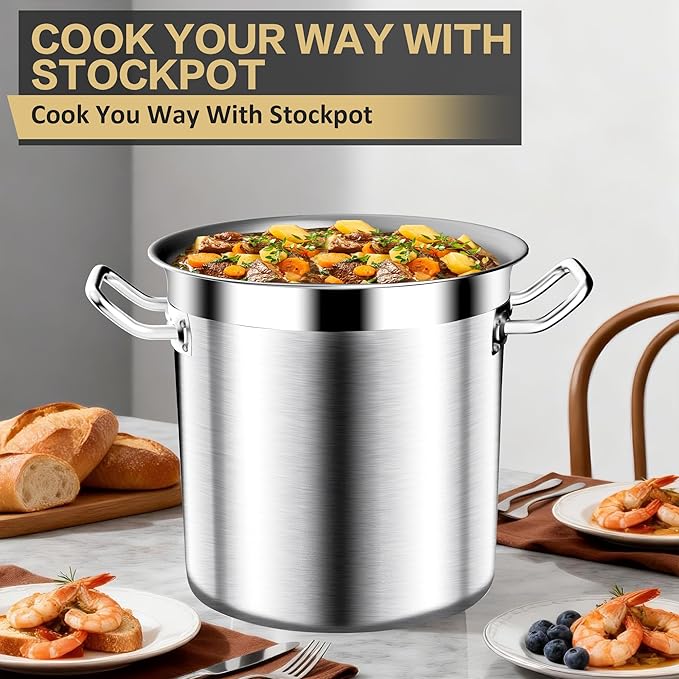 Large Stock Pot-35QT Stainless Steel Stockpot with Lid, Heavy Duty Tri-Ply Bottom Commercial Grade Stock Pot & Stockpots for Boiling Cooking Soup Stew Canning Cooking Pots, Big Stockpot, Deep Cookware