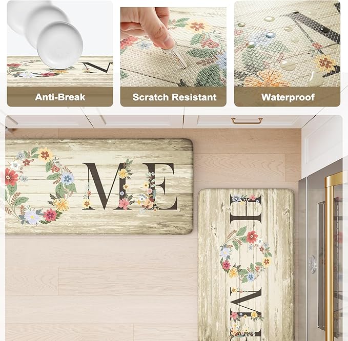 KIMODE Anti Fatigue Kitchen Mats for Floor 2 Piece,Farmhouse Floral Rugs Cushioned,Comfort Memory Foam Carpet Non Slip for Sink Laundry Office Bathroom,Beige 17"x47"+17"x29"