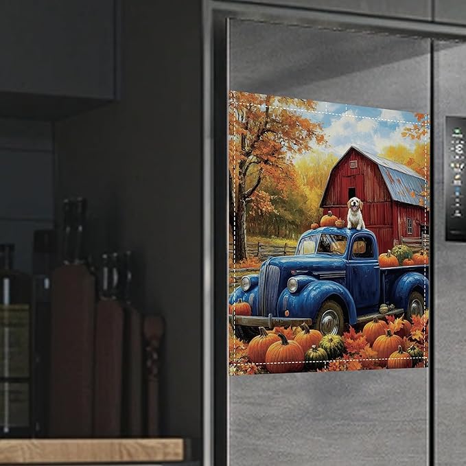 Dishwasher Magnet Cover,Blue Truck Dishwasher Cover Magnetic Pumpking Leaves Home Appliances Refrigerator Decorative 23" x 26"