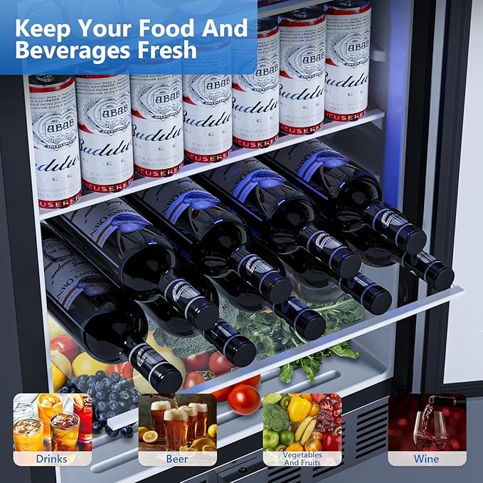 COWSAR Outdoor Refrigerator 24 Inch Wide, 180 Cans Fast Cooling Undercounter Built-in or Freestanding Stainless Steel Beverage Refrigerator, Powerful Cooling Compressor for Patio Kitchen, 32-50 °F
