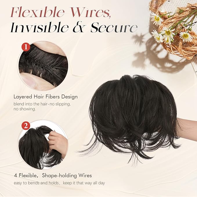 SOFEIYAN Claw Clip Short Ponytail Extension DIY Bendable Wires Hair Bun Fluffy Fake Hair Piece Straight Synthetic Hair Ponytail Extensions for Wonen - Dark Brown with Highlights
