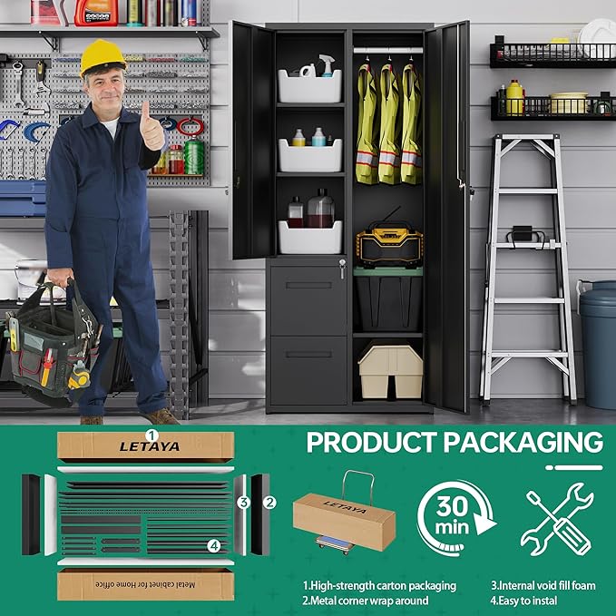 Letaya Metal Storage Cabinets with Drawers, Staff Locker with Lock Door and Shelves-Wardrobe Clothing/File/Tool Storage for Office, Home, School, Employee,Gym,Fire Department,Garage (Black)