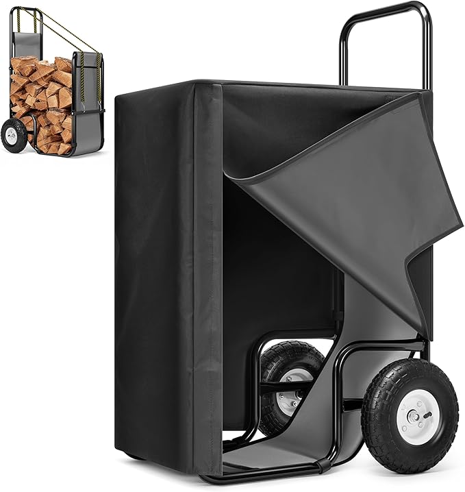 VIVOHOME Large Firewood Cart with Cover and 600D Oxford Cloth, 250 LB Capacity Heavy Duty Steel Log Carrier Dolly Hauler, Rolling Wood Rack Storage Mover for Easy Transport Indoor Outdoor Use